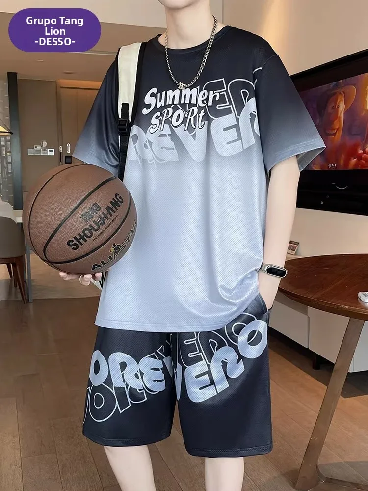desso-basketball-uniform-set-men's-summer-loose-ice-silk-thin-casual-sportswear-t-shirt-shorts-five-quarter-polyester-fiber