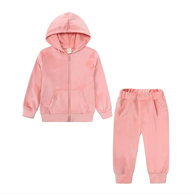 2-13Y Children's Sets Autumn and Winter Solid Color Pleuche Girls Long Sleeves Hoodie Zip Jacket Casual Pants Two Pieces Sets