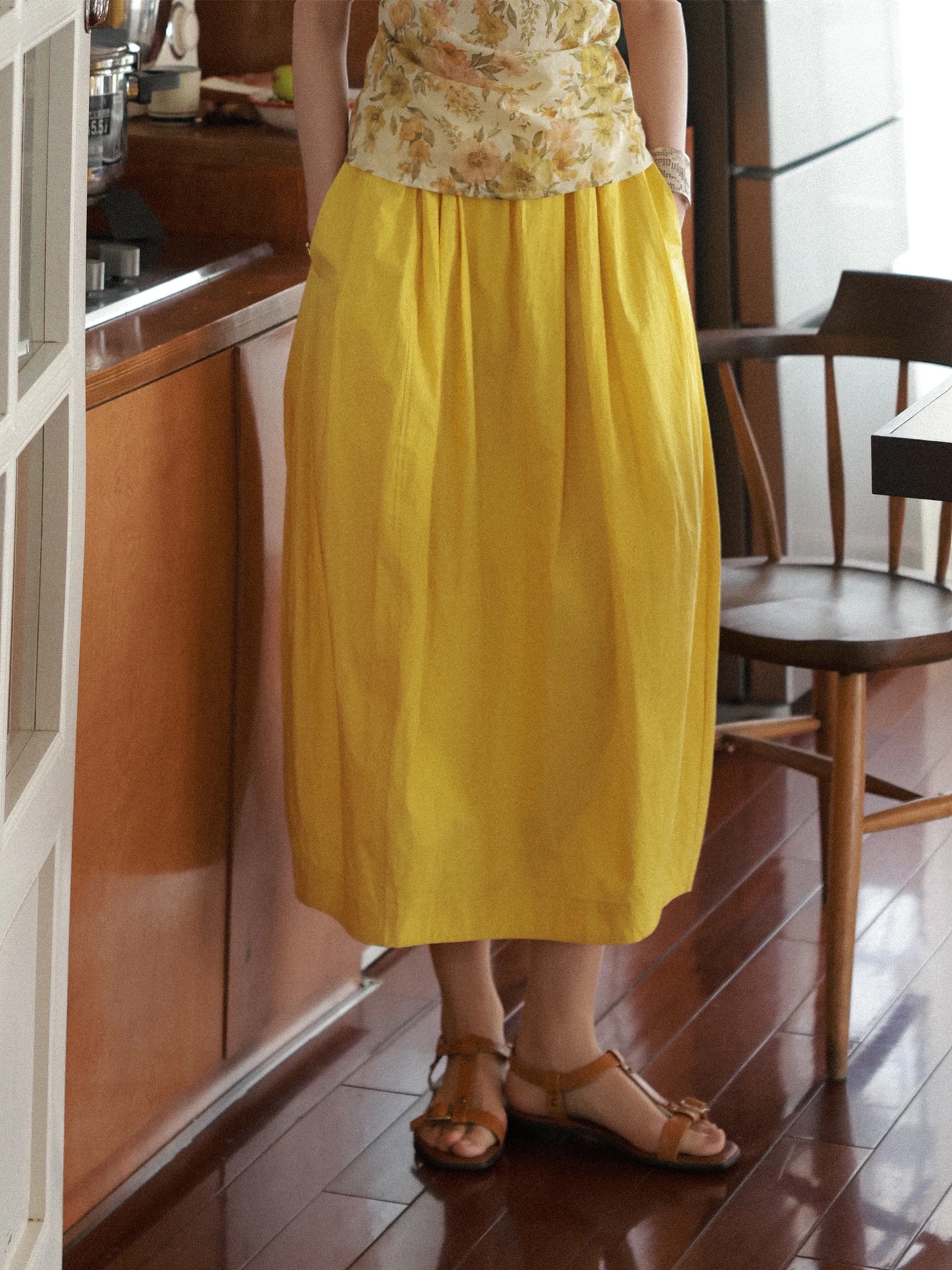 

Summer Yellow Bloom Cotton Half Skirt Women's Casual Mid-Length Artistic Design Pure Cotton High Waist Flower Bud Skirt