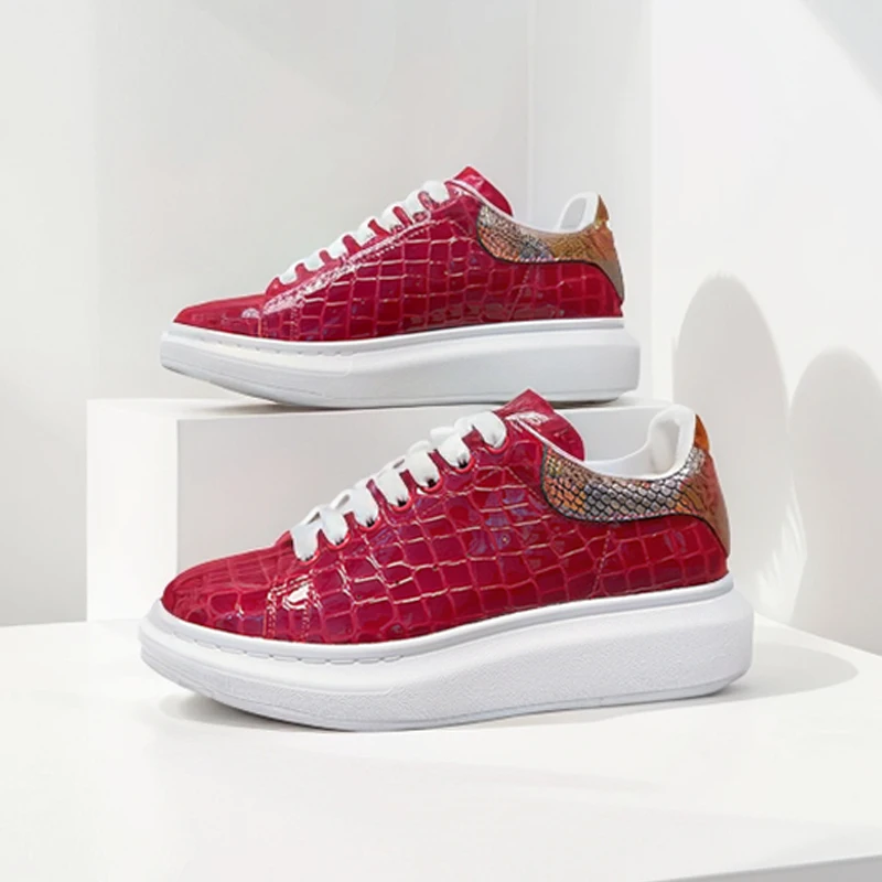 

Unisex Red Platform Sneakers Mens Stone Pattern Lace-up Cow Leather Round Toe Low-Top Casual Shoes Retro Flat Shoes Handmade