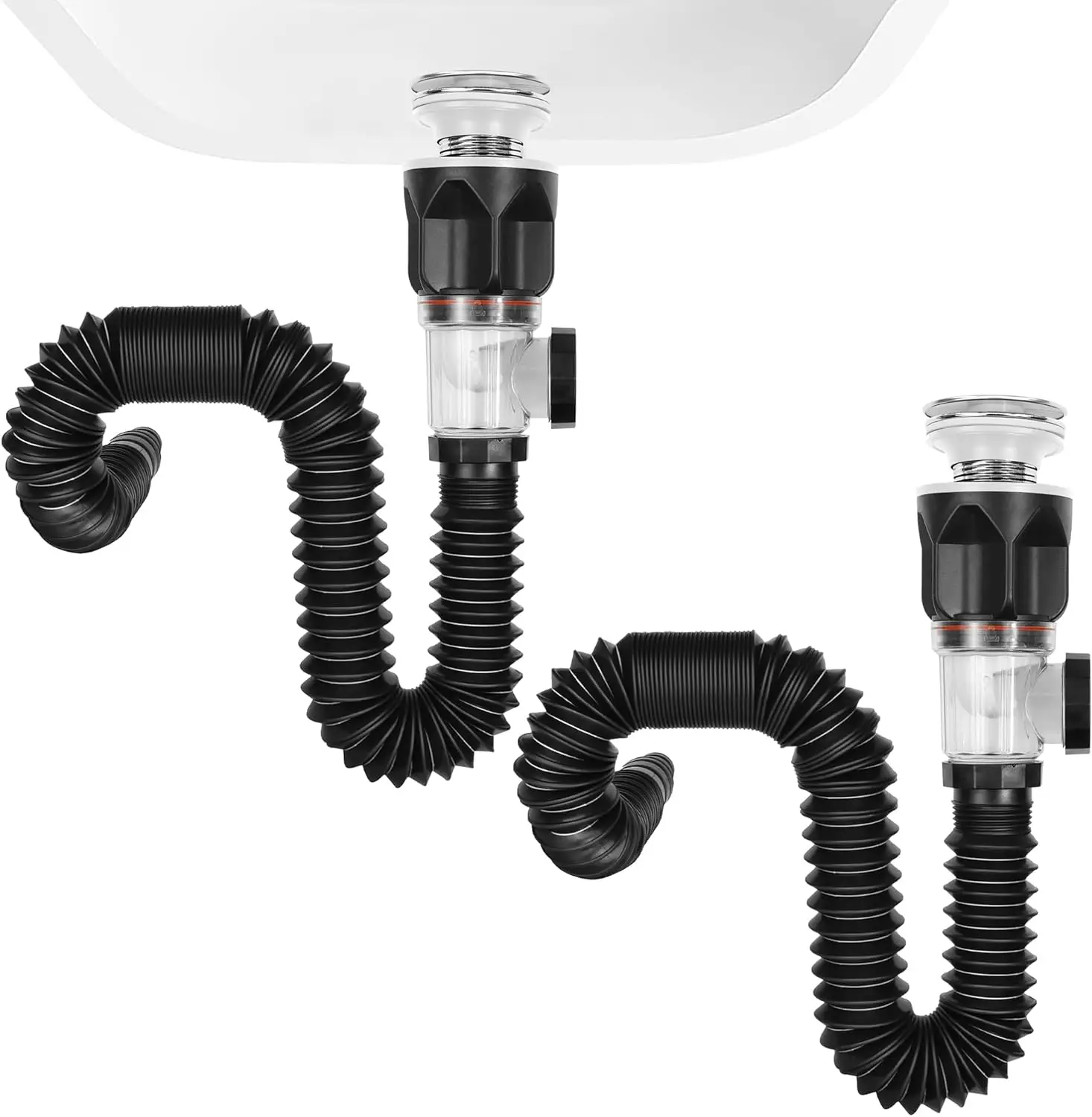 

2 Pack Bathroom Sink Drain Kit, with Flexible Expandable P-Trap Sink Drain Pipe, Fits 1-1/4",1-1/2" and 2'' Drain Hole,