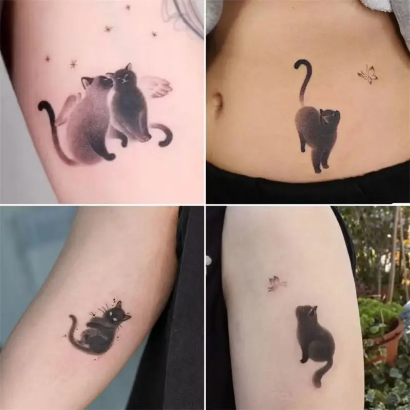 Cute Cat Tattoo Stickers  Black Cat Personality Waterproof Durable Temporary Tattoo Art Men and Women Cartoon Fake Tattoo Set