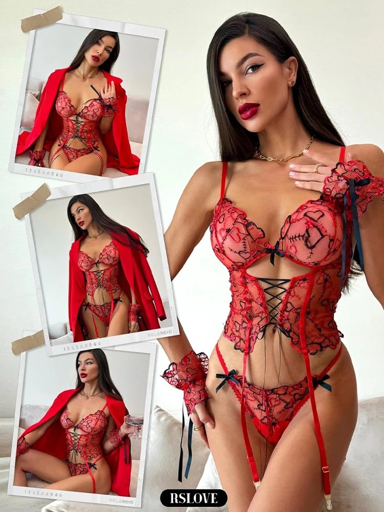 ホットハートコルセットランジェリー女性メッシュ薄手の十字包帯衣装下着中空アウト透明エロセットリストバンド付き