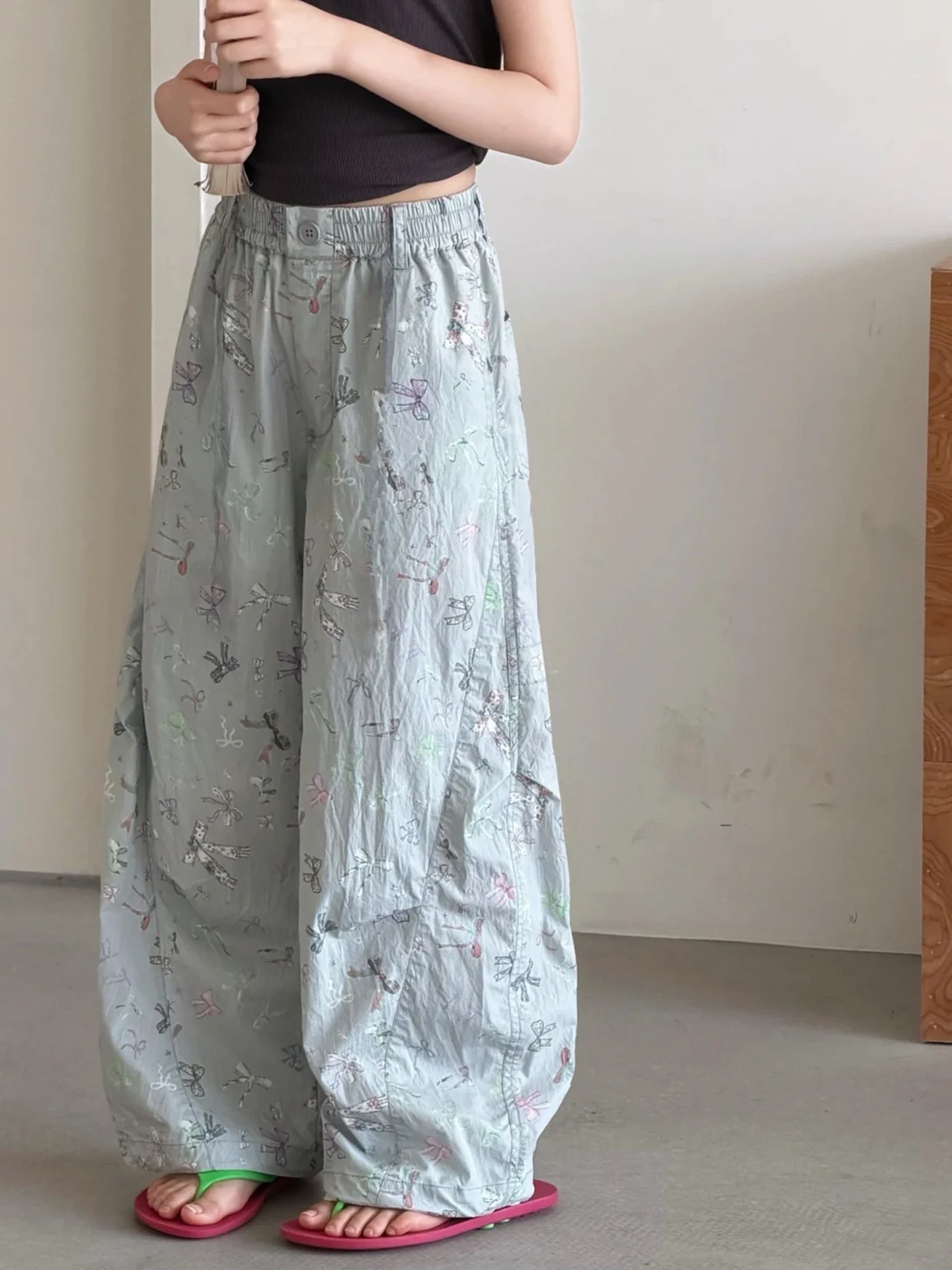 girls-casual-wide-leg-pants-summer-fashionable-long-trousers-with-knot-light-grey-blue-children's-loose-elastic-waist