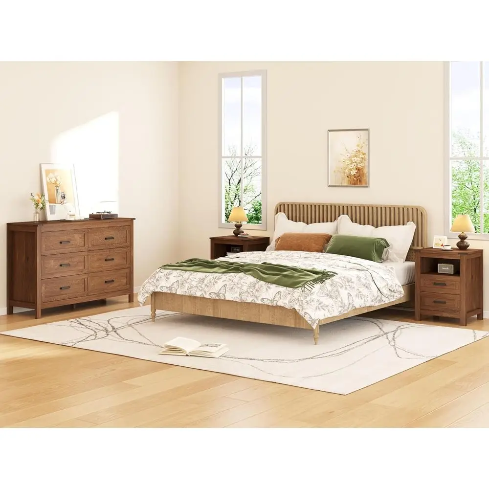 

3-Piece Bedroom Furniture Set, 6-Drawer Dresser & 2-Drawer Nightstands, Retro Style, Brown