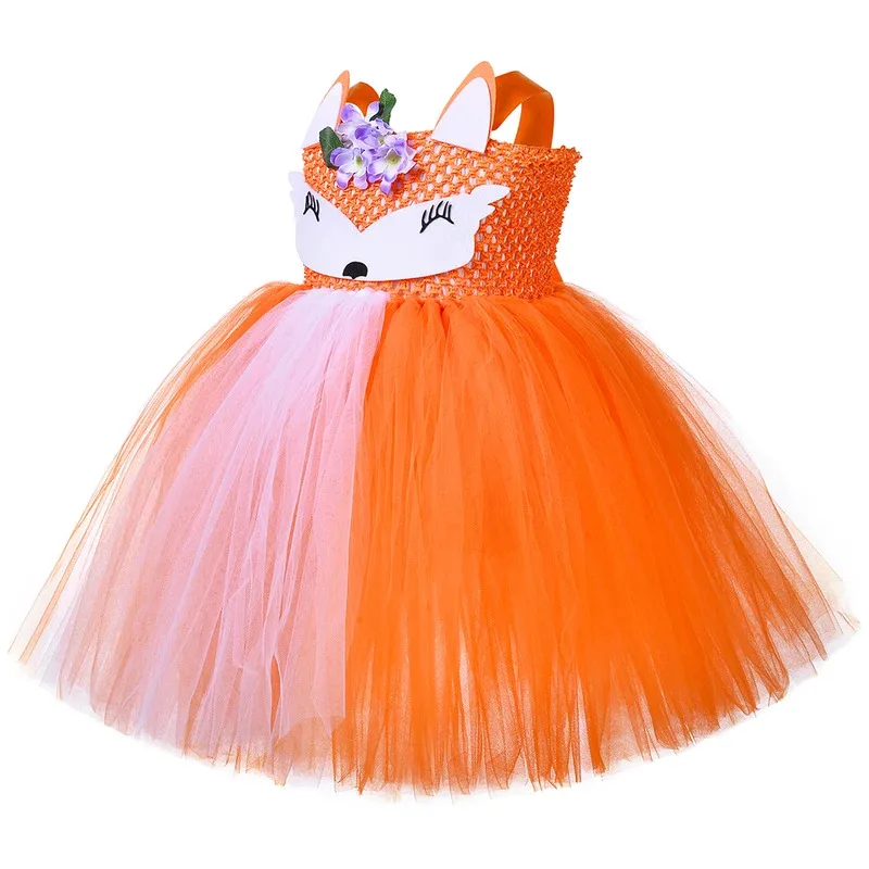 Костюмы оранжевой лисы с цветами для девочек, нарядное платье на подкладке с животными джунглей для детей, одежда на Хэллоуин и Рождество, карнавальный наряд для вечеринки