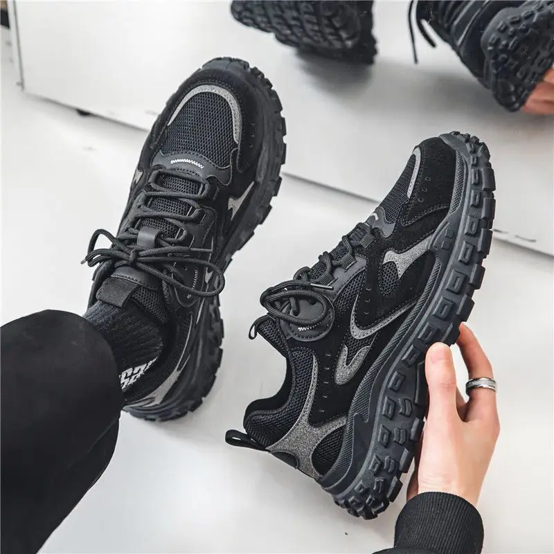 Men's Thick-soled Sports Shoes Mesh Stitching Round Toe Lace-up Thick-soled Wear-resistant Non-slip Shoes Fashion Daddy Shoes