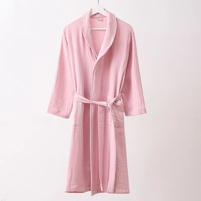 Japanese Simplicity 3-layer Gauze Lapels Yarn Sofe Water Absorption   Home Dressing Gown Long Kimono Skin Loose100% Cotton