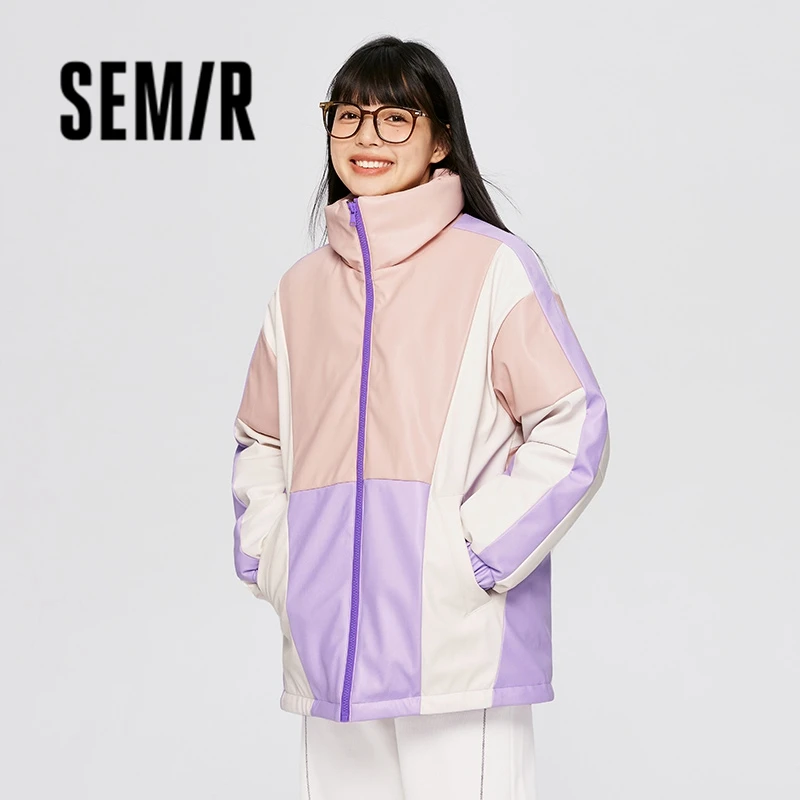 Semir Down Jacket Women Mid-Length PU Imitation Leather Color Matching Stand-Up Collar 2023 Winter New Loose Trendy Top