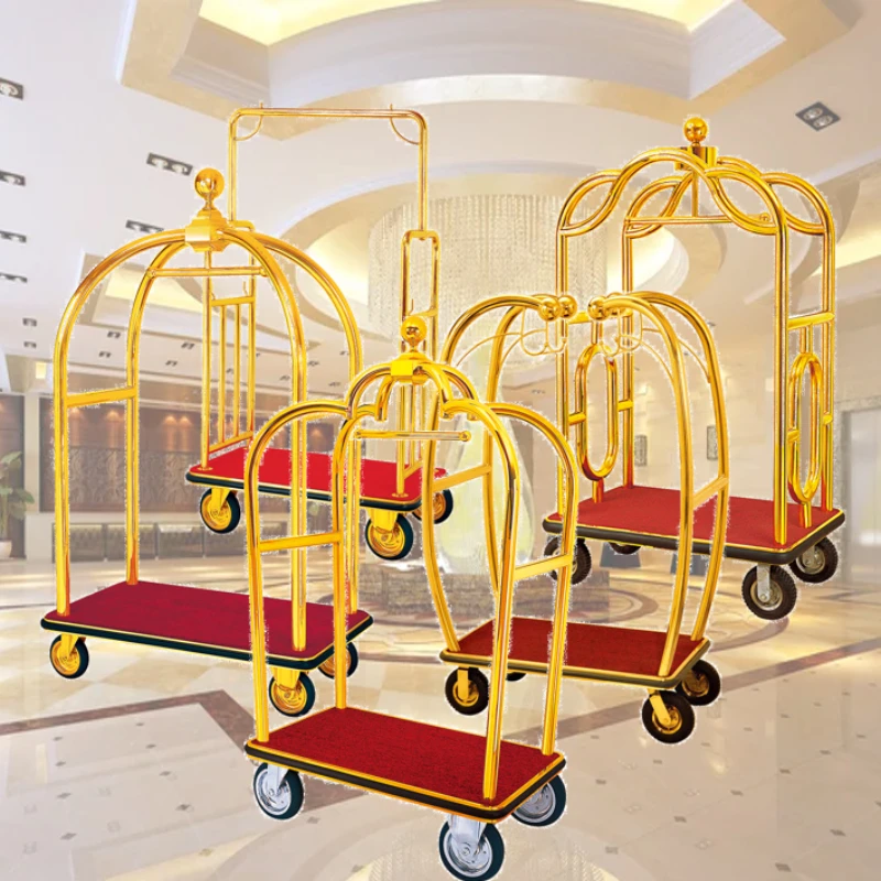 Luxury Lobby Equipment Concierge Stainless Steel Hotel Luggage Trolley Bellman Trolley Hotel Luggage Cart