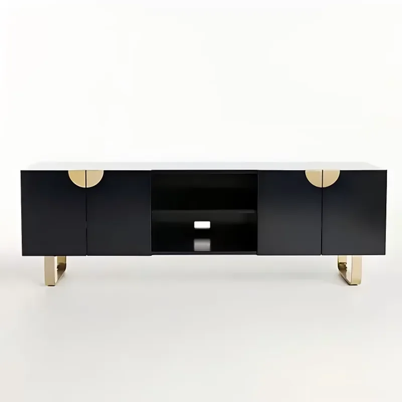 Modern Minimalist Black TV Stand with Gold Metal Legs Living Room Cabinet Media Console with Open Storage