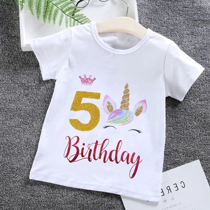 Cartoon Birthday Numbers Unicorn 1 2 3 4 5 6 7 8 9 Age Baby Boys Clothes Summer T-shirts 2023 Kids Clothes boys/Girls Tees Tops