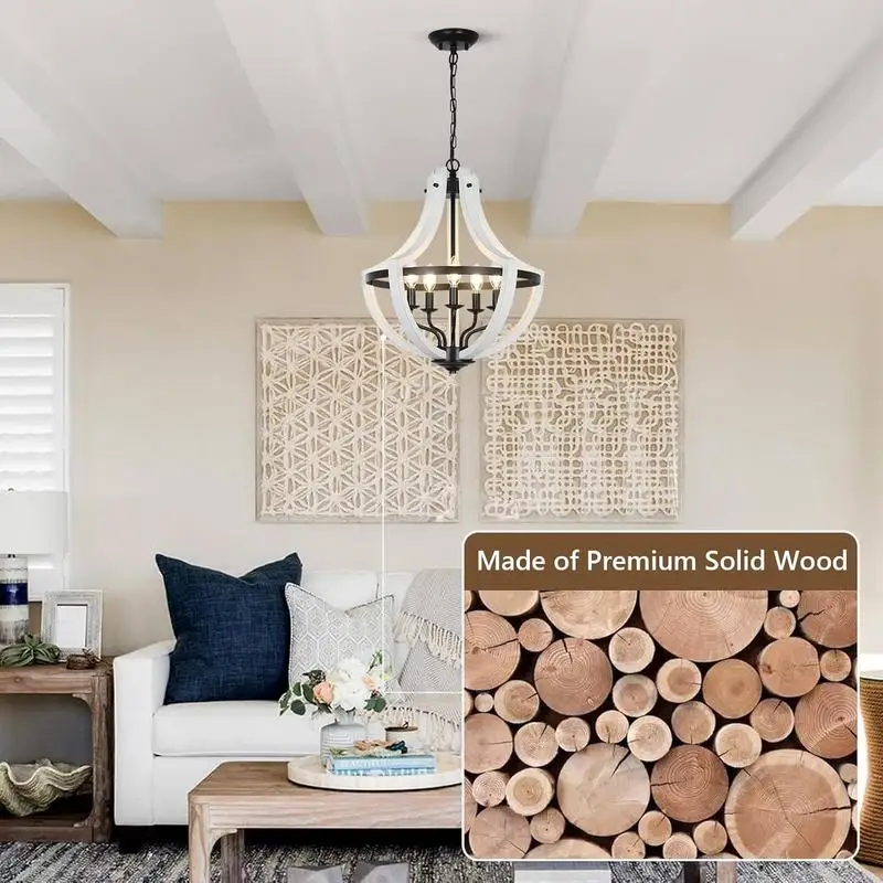 5 نجفة خشبية بيضاء خفيفة لديكور المنزل الأنيق، تصميم حديث مع ارتفاع قابل للتعديل ومصابيح موفرة للطاقة #2