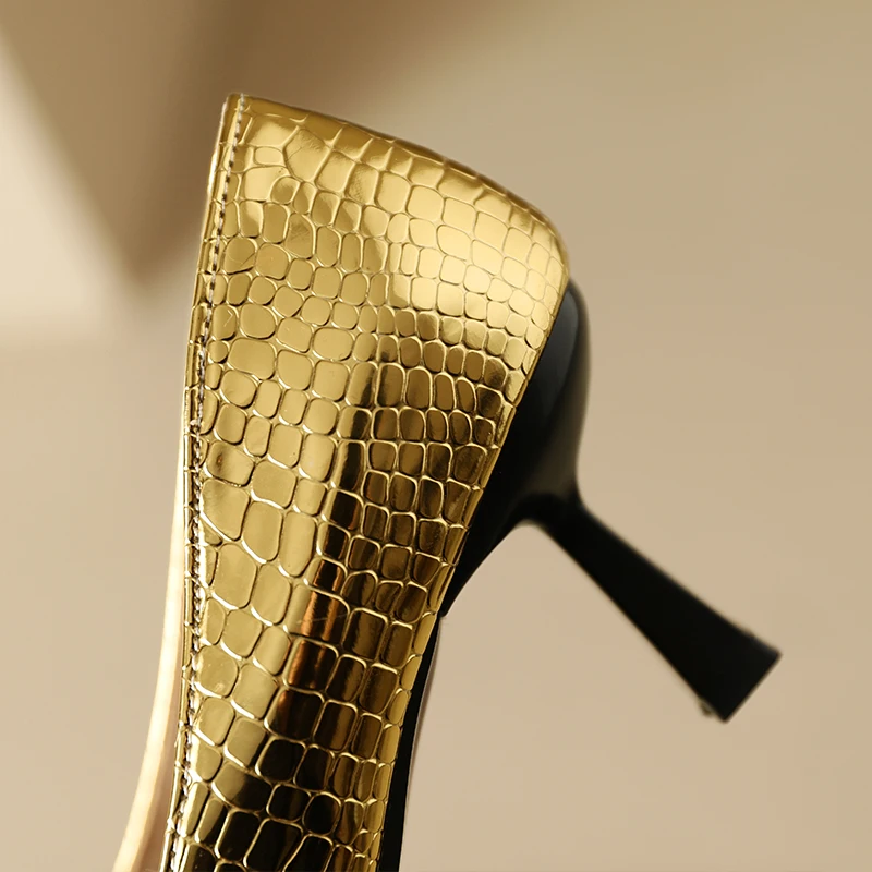 Wedding Shoes Women Pumps Slip on Gold Black Big Size 34-48 Fashion Alligator Patent Leather Pointed Toe High Heels