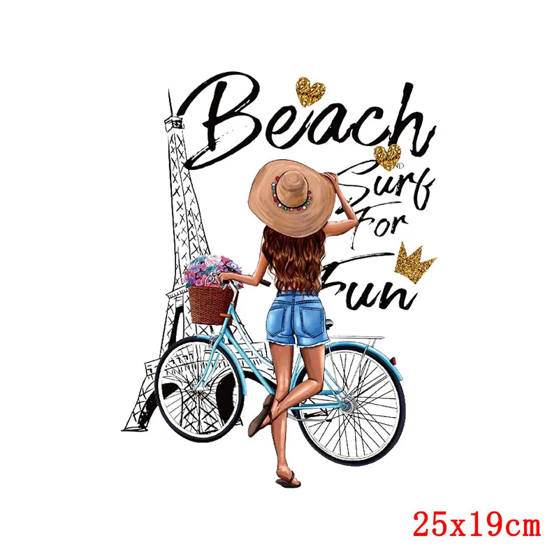 Bicycle Girl Iron-On Transfers DIY Patches For Clothing Summer Style Applique Fashion Sexy Girl Heat Transfer Cartoon Stickers