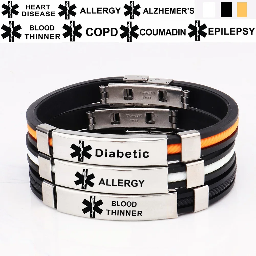 

Black Silicone Medical Alert ID Bracelet Laser Engraving Diabetes s Stainless Steel Custom Name Personalized