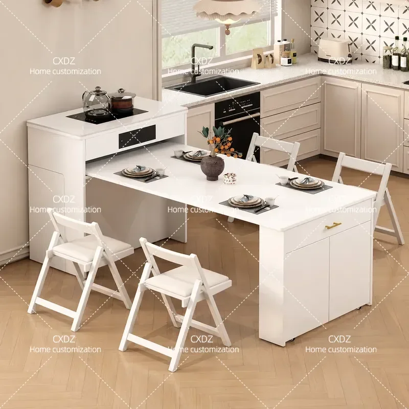 2026 New Rock Slab Small Apartment Island Dining Table Integrated Household Retractable Foldable Side Locker