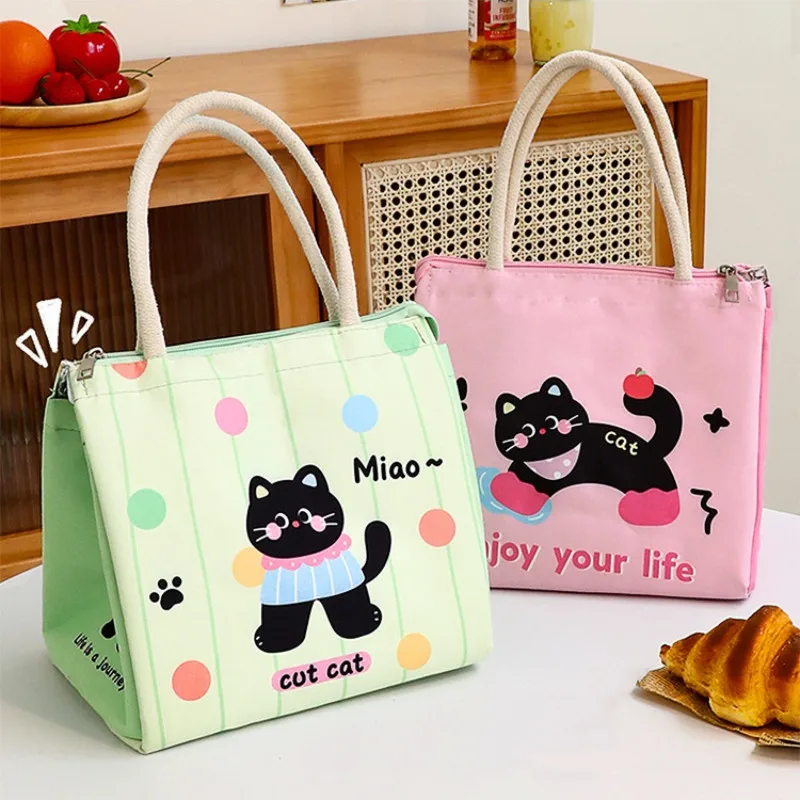 Cute Cat Thermal Bag Travel Large Capacity Thickened Insulation Lunch Handbag Durable Office Worker Student Food Storage Pouch