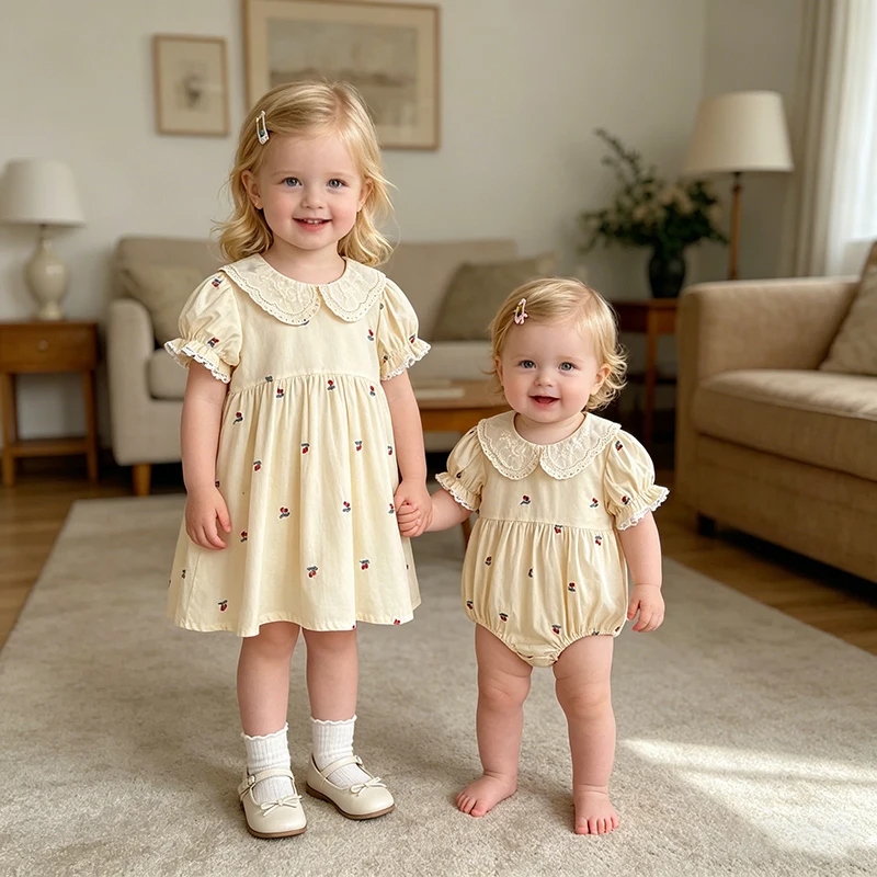 2026 Sommer 0-24M Baby Mädchen Kurzarm-Romper mit Rundhalsausschnitt 2-6 Jahre Süßes Party-Kleid mit Kirsch-Stickerei Schwesterkleid