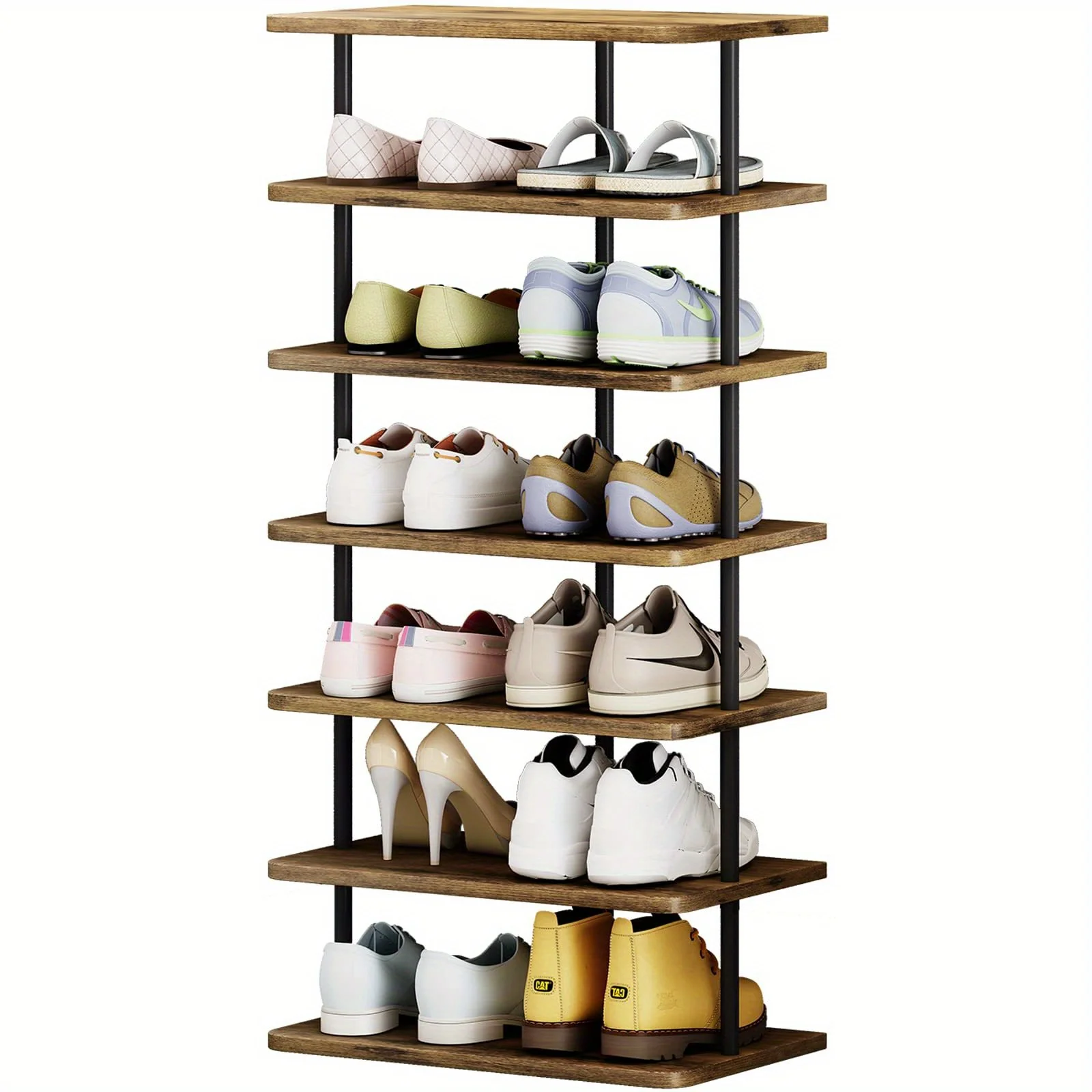 

7 Tier Shoe Rack Vertical Storage Organizer Double Row Narrow Metal Slim Shelf Modern Free Standing Shoe Tower Saving