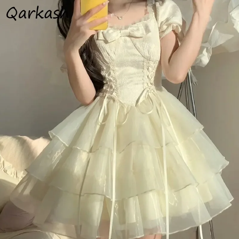 Bow Fairycore Mini Dresses Women Summer New Princess Ball Gown Short Sleeve Square Collar Korean Fahsion Students Sweet Girls