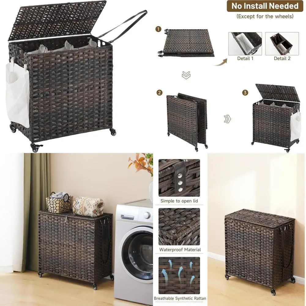 

Rolling 3-Section 150L Laundry Hamper with Lid, Removable Liners and Mesh Bags, Side Pocket, Brown