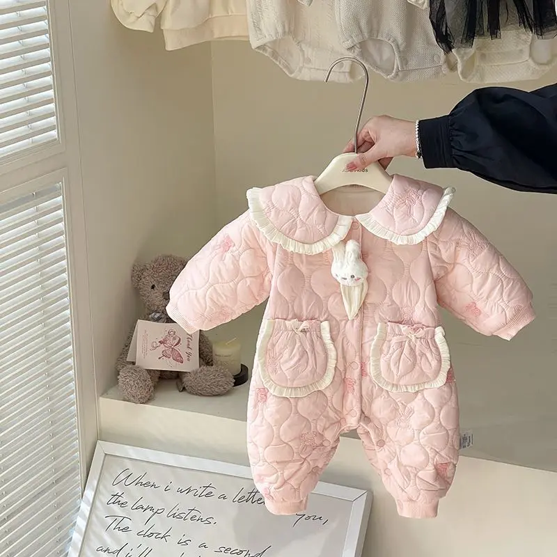 

Baby Girls Long Ears Romper Jumpsuits Winter Thicken Warm Onesie Bodysuit Soft Kids Clothes 2025 Cute Rabbit Embroidery Overalls