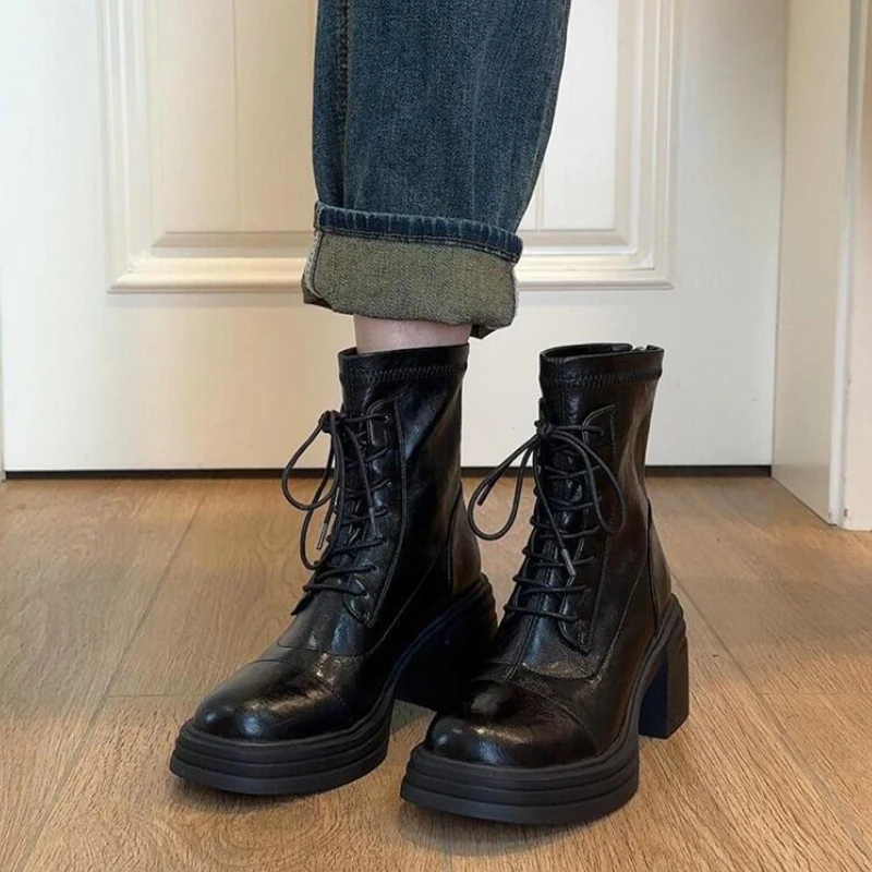 

Autumn Winter Fashion Women Thick Heel Ankle Boots Elegant Back Zippers Shoes Modern Leather Shoes