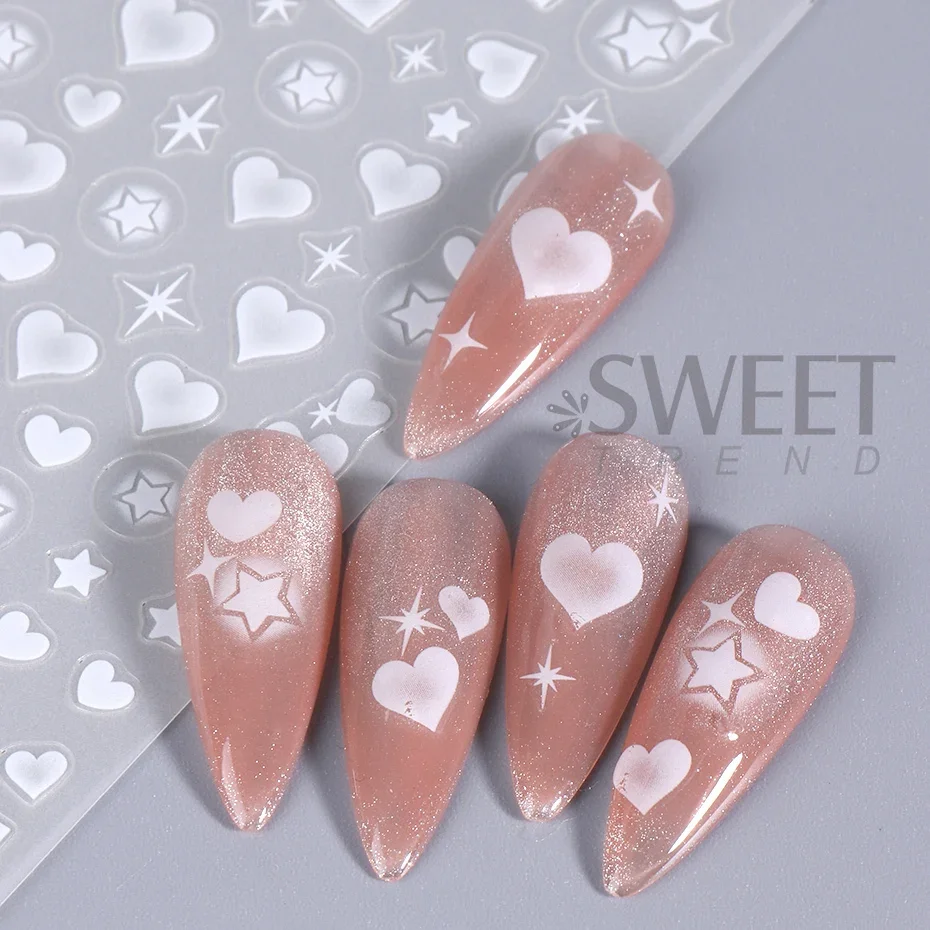 3D Heart Stars Nail Stickers Matte White Airbrush y2k Love Heart Valentines Gradient Bloomming Slider Gel Polish Nail Decoration