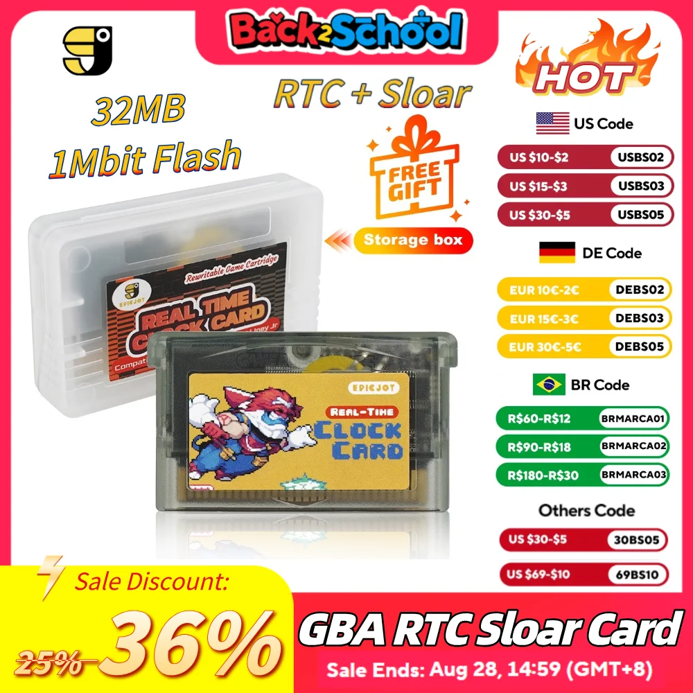 

EPICJOY Rewritable GBA Flash Cart - 32MB Storage, 1Mb Flash, Solar + RTC Functionality, Compatible with GBA/DS Series