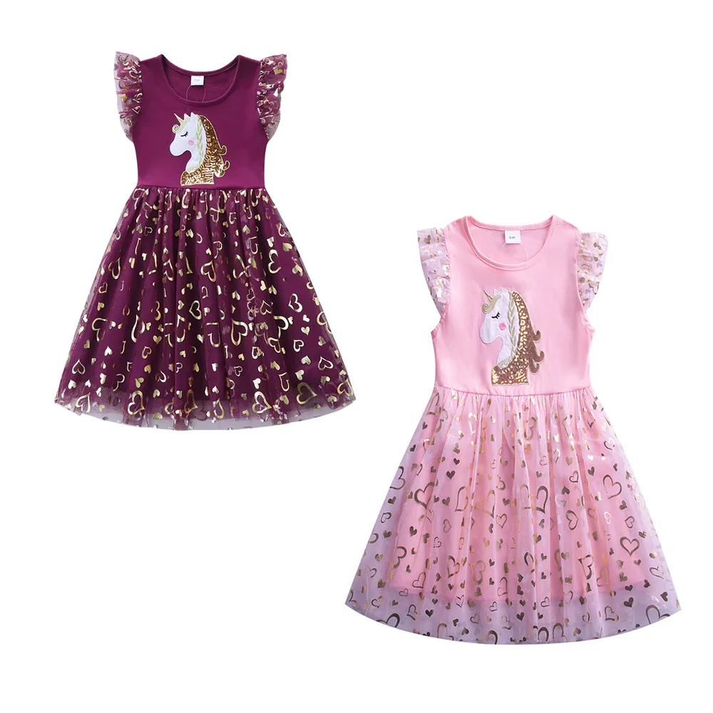 

Princess Girls Unicorn Beaded Summer Dress 3-8Y Toddler Mesh Birthday Costume Baby Clothes Kids Fashion
