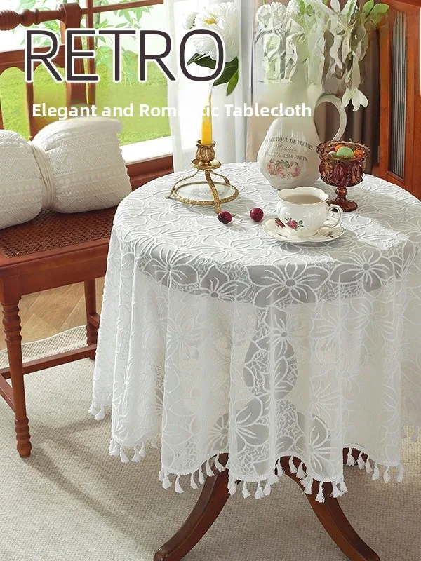 

Retro Lace Decorative Tablecloth Tassel Tea Table round Table Cover High-End Dust-Proof Tablecloth French Style Home Textile