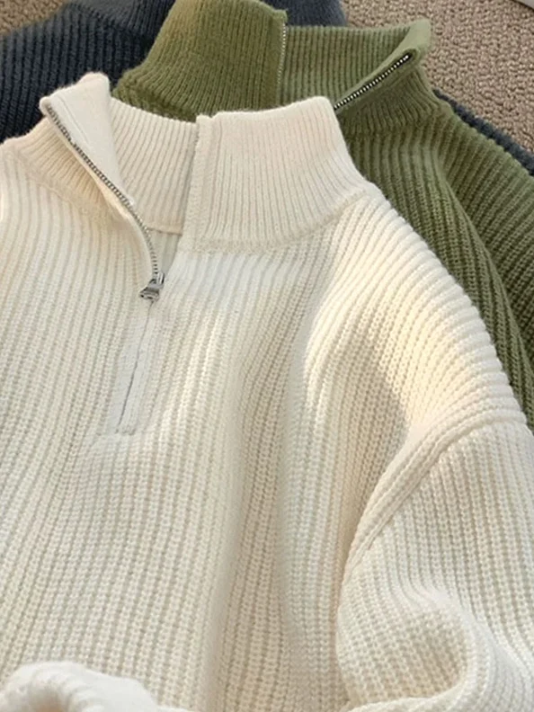 Men's Zipper Knitted Long Sleeve Sweater Half High Collar Loose Fit Casual Wear Soft American Style Winter Coat Shirt