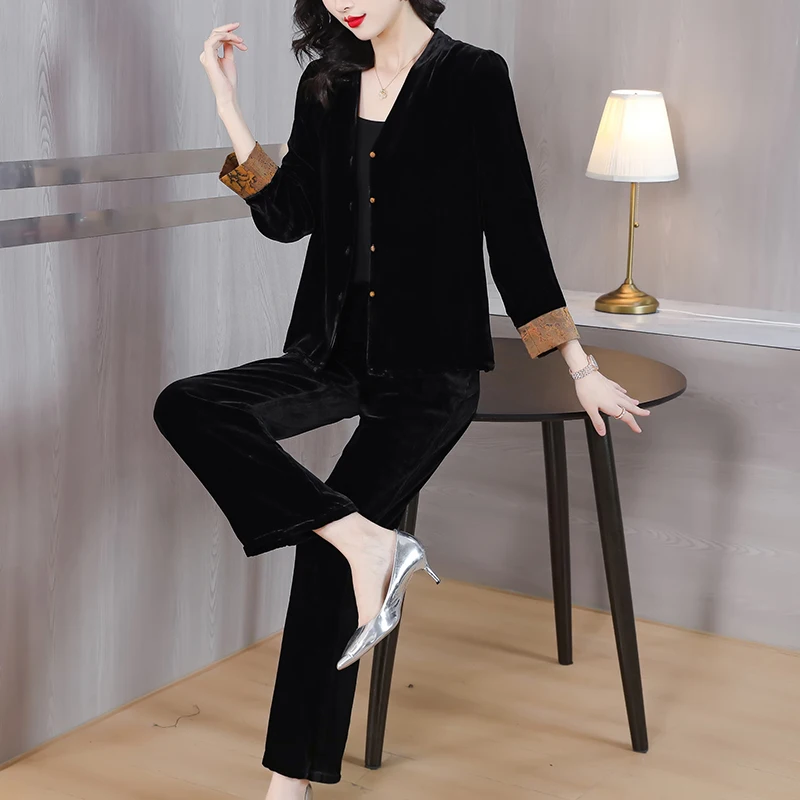 2024 Stripe Black velvet Pants Loose Sets Summer Batwing Sleeve Casual Two Pieces Sets Women Elegant Vintage Party Ladies Suits