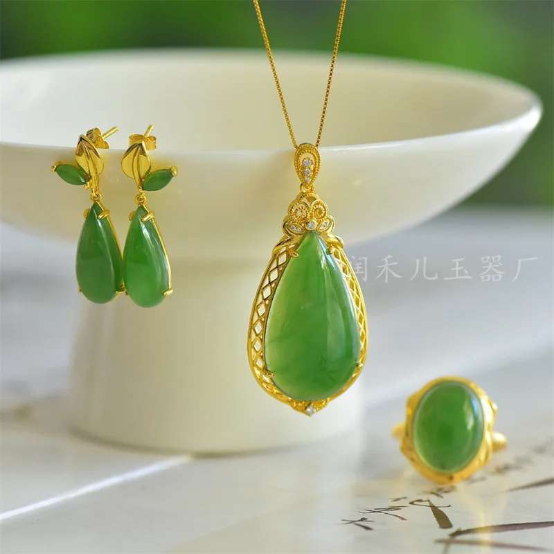 Natural 925 Silver Inlaid With Hetian Jade, Bright Green Drop Pendant, Ring, And Earrings Three-Piece Set