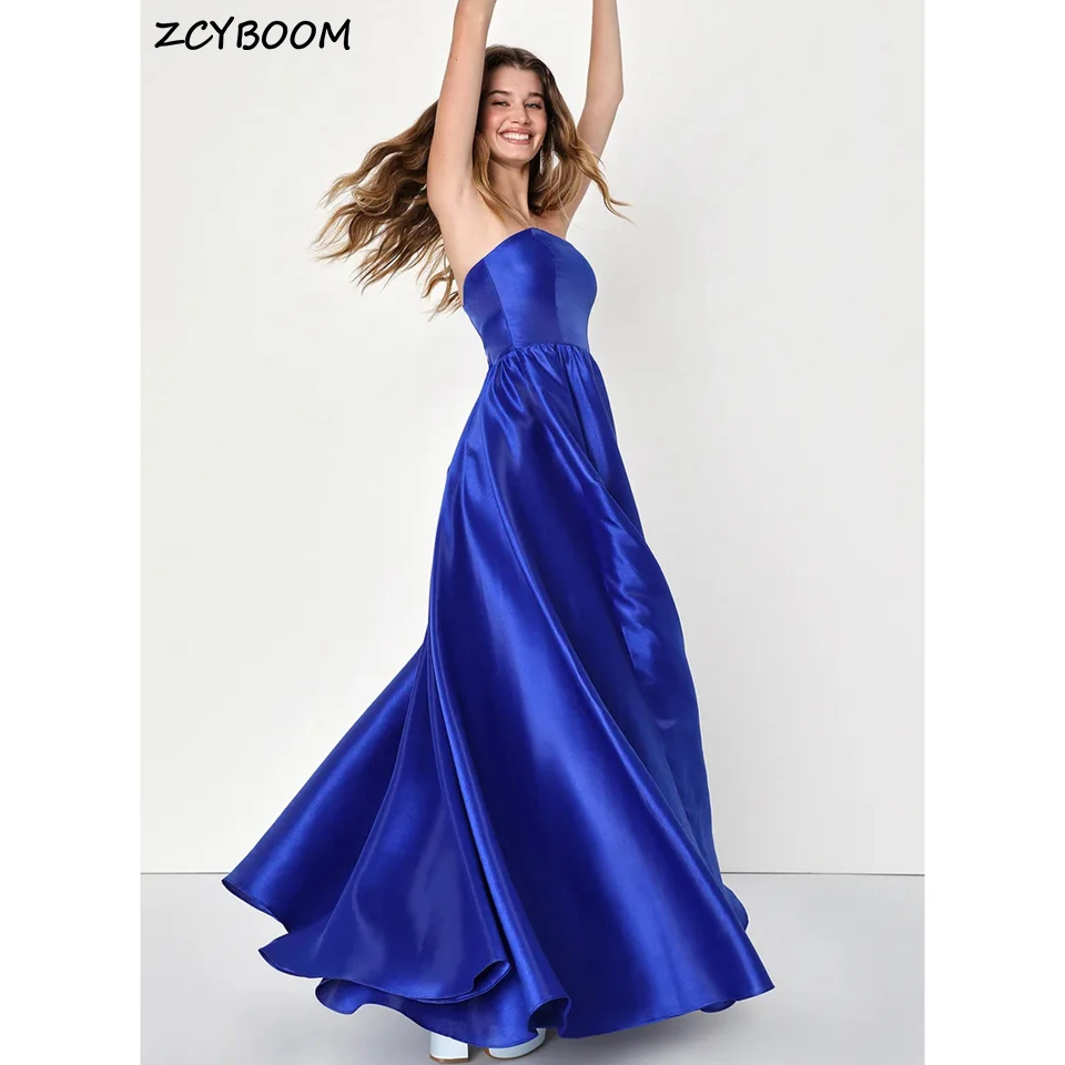 

Elegant Royal Blue Strapless Open Back Sleeveless Evening Dress 2025 A-Line Floor Length Stain Zipper Custom Made Prom Dress