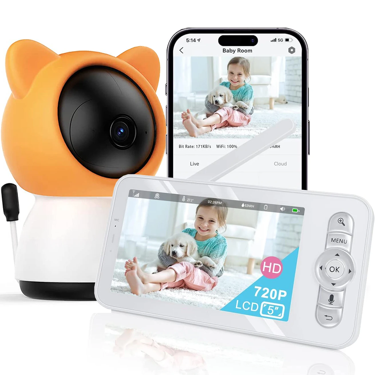 2K/3MP 5-inch Wireless Baby Monitor, Smartphone App, IR Night Vision, Crying Detection, Auto Tracking, Temp&Humidity Sensor