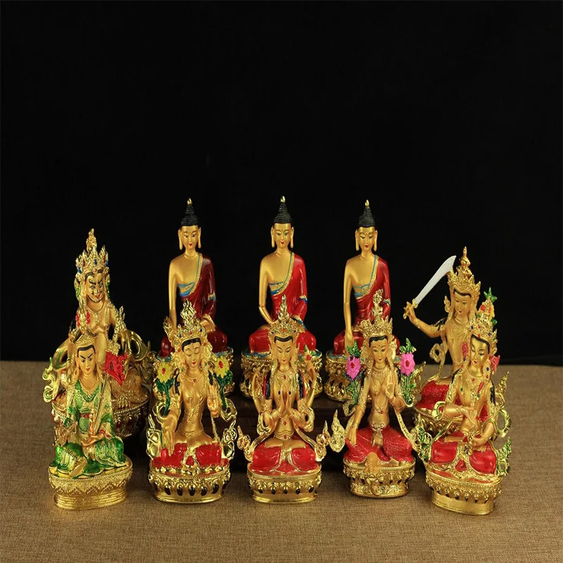 6-inch golden painted Buddha statue, Three Treasures, Manjusri Buddha, Four Armed Lotus Master, Neoclassical
