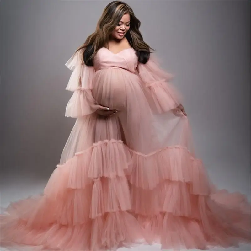 

Light Pink Pregnant Women's Prom Dresses 2022 Maternity Long Robes for Photo Shoot See Thru Pleat Long Photography Dress