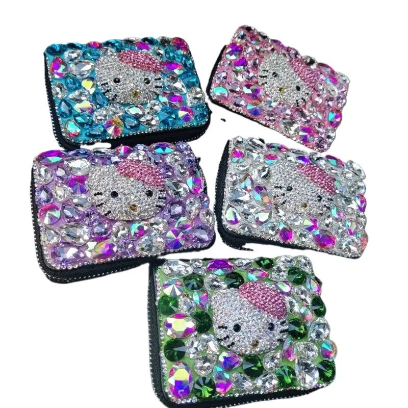 Hello Kitty Luxury Card Holder for Women Genuine Leather Rhinestone Decoration Multi Card Slot Purse Handbag Zipper Fashion Gift