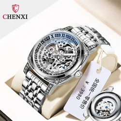 CHENXI 8825 Top Brand Transparent Fashion Case New Casual Design Leather Steel Mens Watches Luxury Mechanical Skeleton Watch