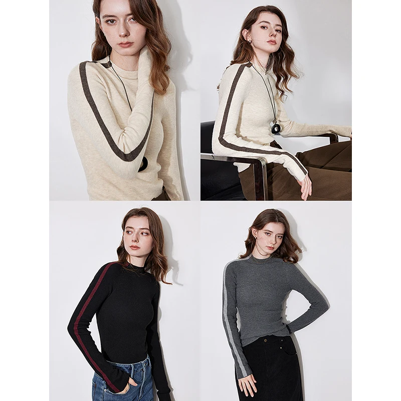 TOYOUTH Women Knitted Sweater 2024 Autumn and Winter New Turtleneck Collar Color Contrasting Knitted Tight Pullover Sweater Tops