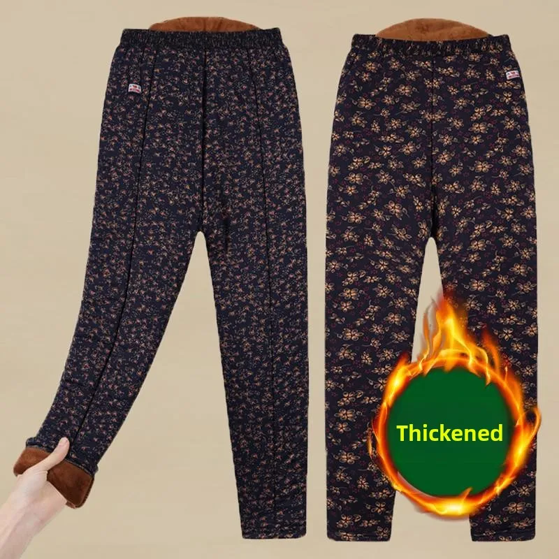 Thickened Fleece Lined Cotton Pants for Middle-Aged And Elderly Women Special Super Thick Winter Warm Loose Fit High Waist Tr...