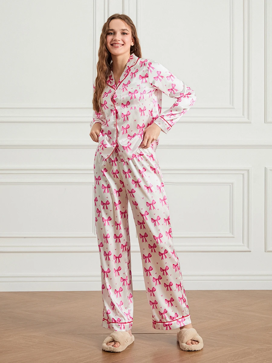 Women's Y2K Kawaii Bow/Bear Print 2Piece Satin Pajamas Loungewear Set Long Sleeve Lapel Neck Button-up Shirt+Elastic Waist Pants