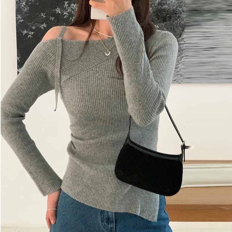 Slash Neck Off Shoulder Ropa Mujer Split Roupas Feminina 2024 Woman Sweater Spring Autumn New Tops Elegant Feminino Sueteres