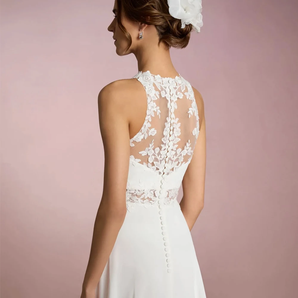 Fashion O Neck Sleeveless Wedding Dresses Applique Lace Bridal Grown Illusion Back Customized Floor Length New Vestidos De Novia