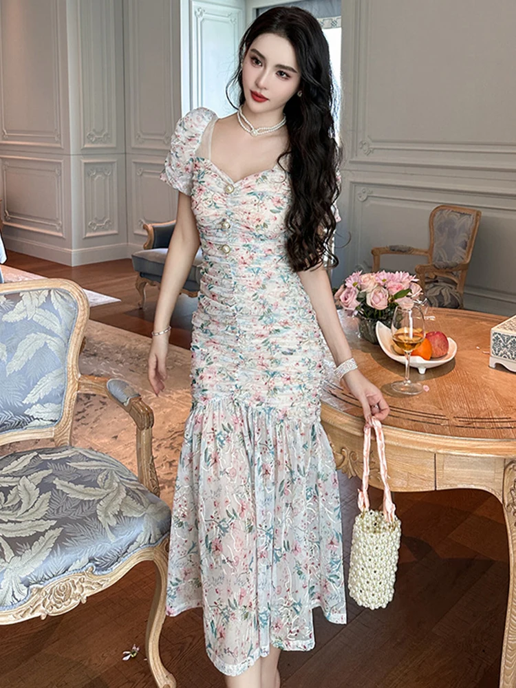green emerald velvet dress Elegant Pearl-Accented Bubble Sleeve Dress with Spliced Waist(MA297), Pink / Xs main image 1