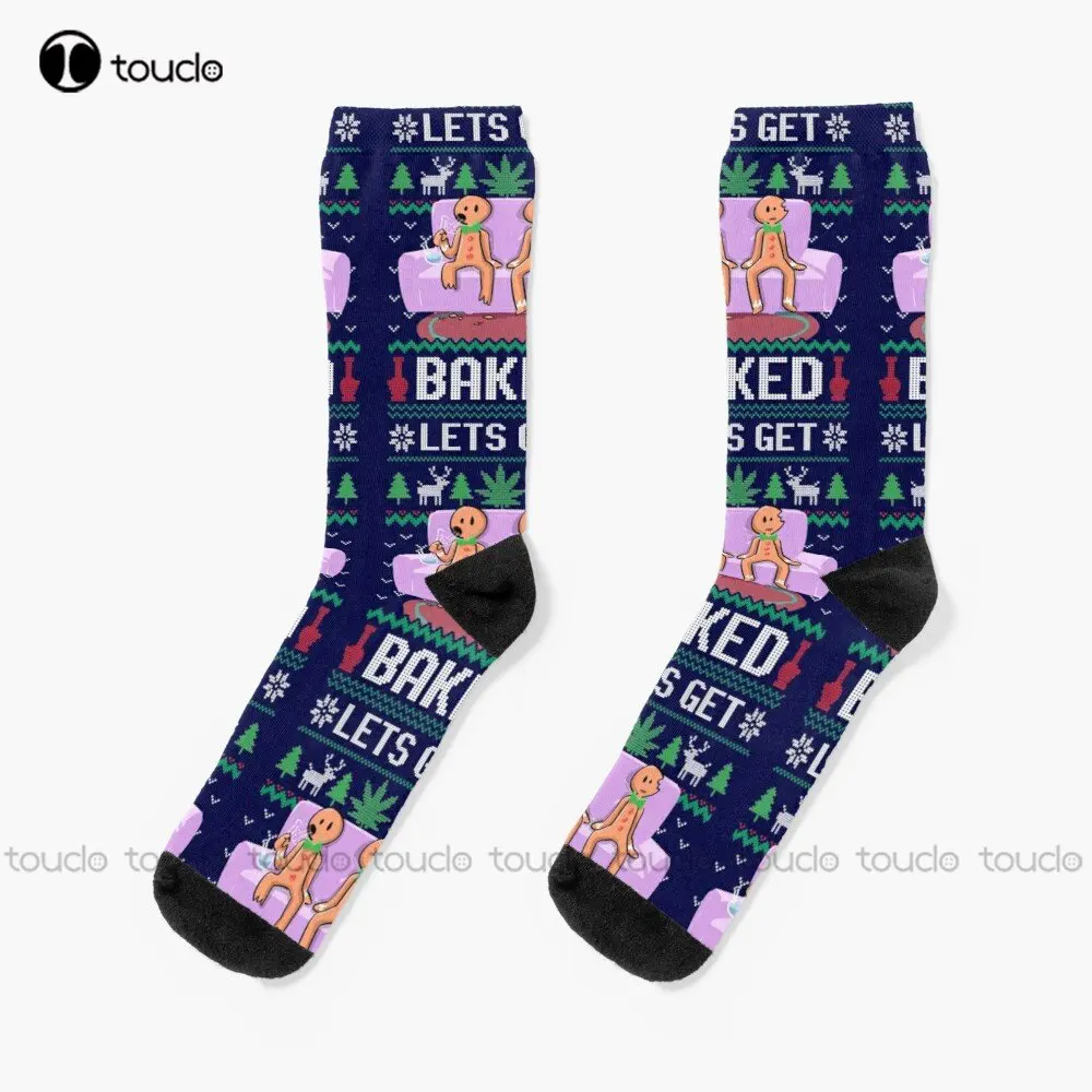 Let'S Get Baked Gingerbread Man Ugly Christmas Marijuana Socks Boot Socks For Women Street Skateboard Socks Custom Gift Colorful