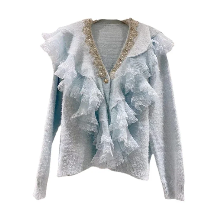 Women V-neck Lace Stitching Ruffles Knitted Fuzzy Cardigans Rhinestone Beaded Mink Cashmere Sweater Coat Pearls Mohair Crop Tops