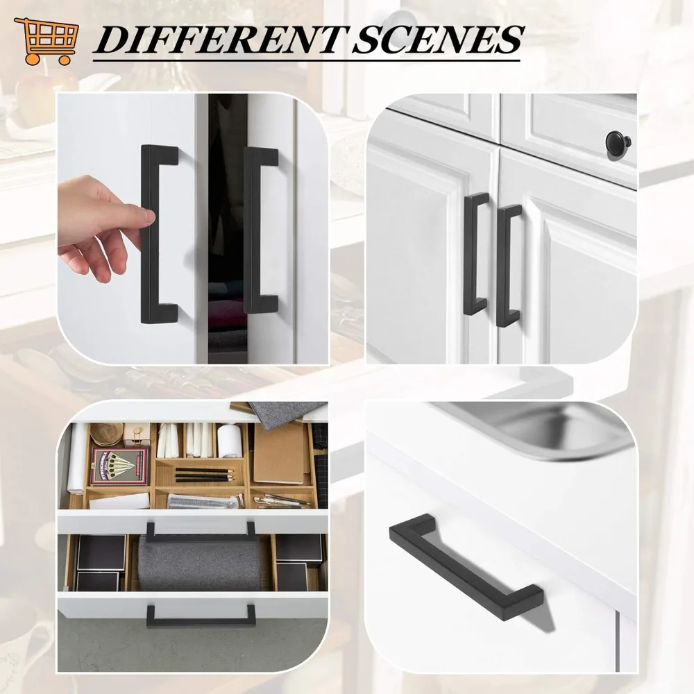 200 Pack Black 5 inch (128mm) Hole Centers Square Bar Cabinet Pulls Drawer Handles Stainless Steel Modern Hardware for Kitchen